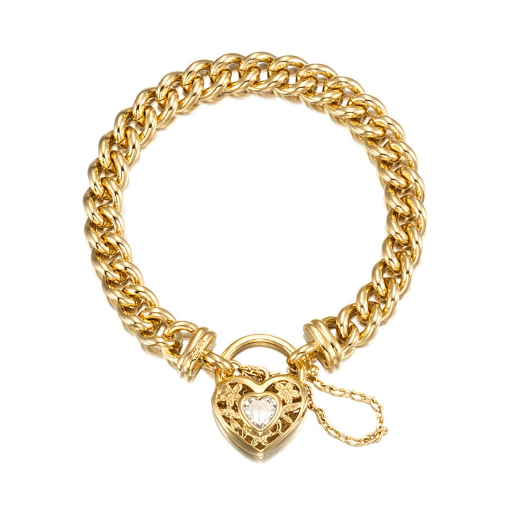 18ct Heavy Yellow Gold Plated Euro Chain Bracelet with a Filigree Locket Featuring a Simulated Diamond - USA Made-1
